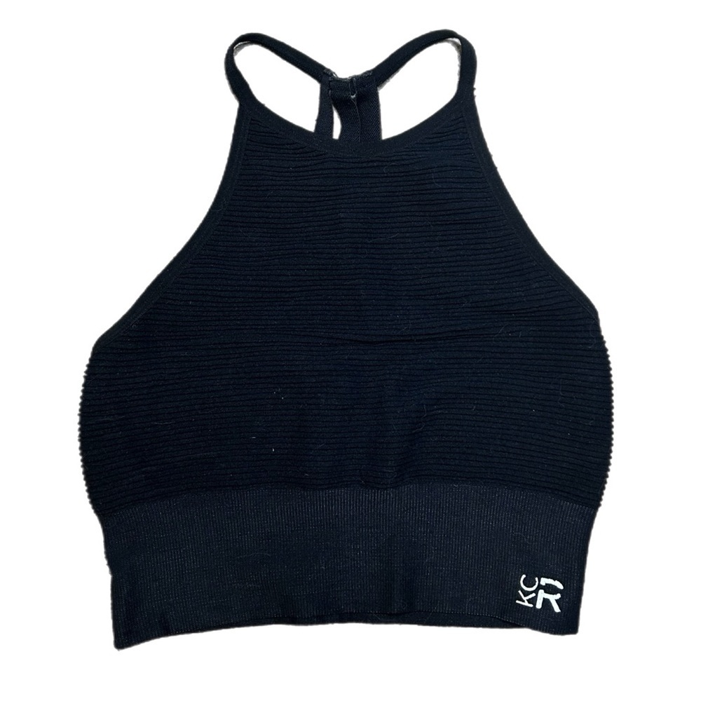 Kenneth Cole Black Ribbed High-Neck Racerback Sports Bralette
